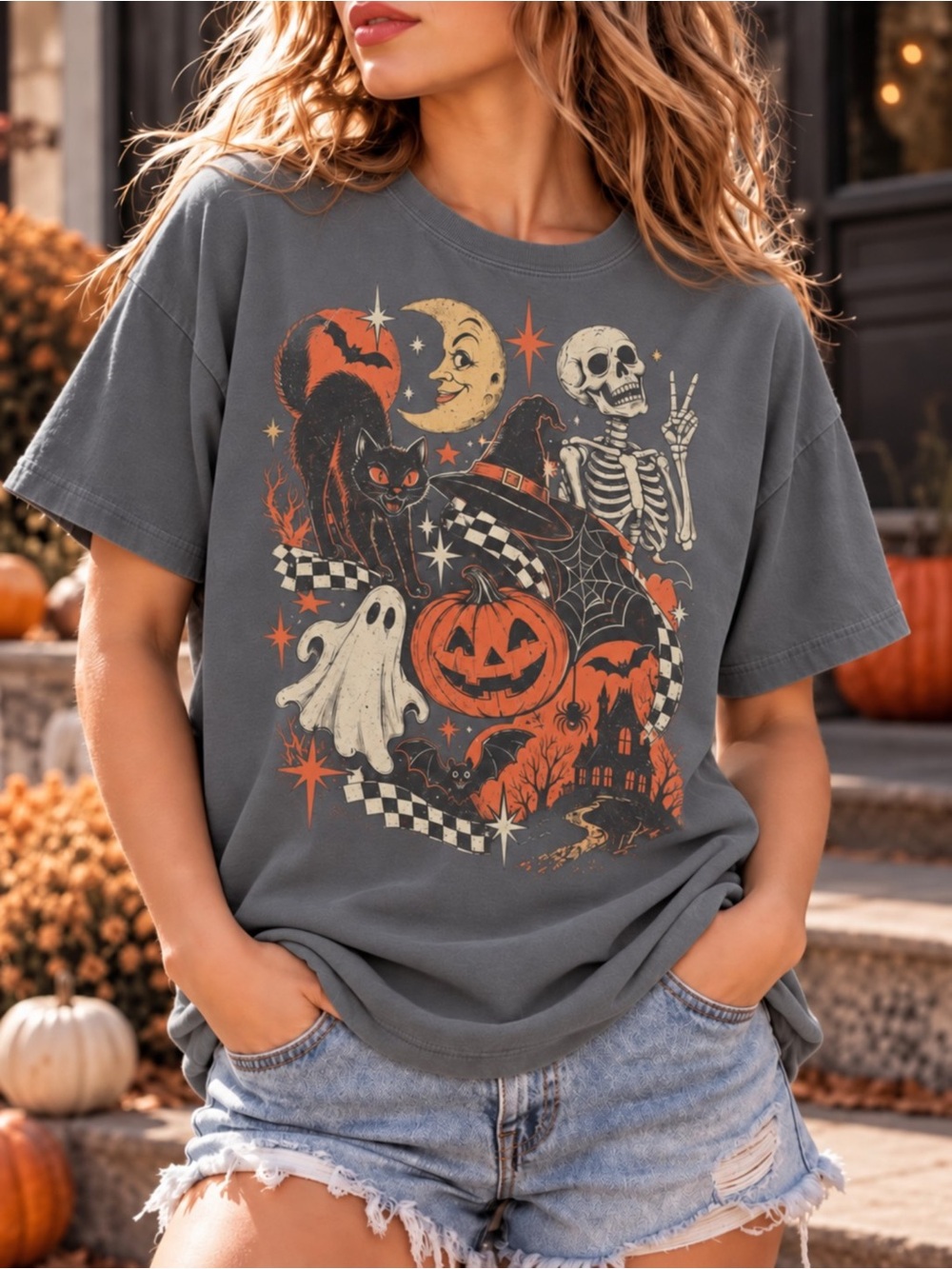 Halloween Skeleton Cat Pumpkin Graphic T-Shirt Charcoal Unisex